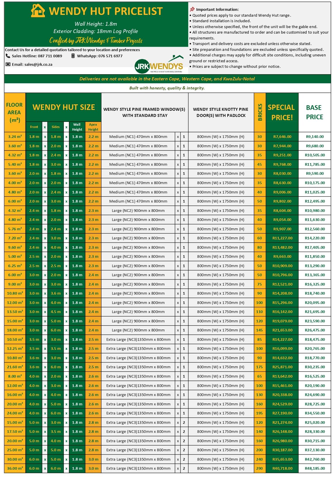 JRK Wendy Hut Price List - Standard 1.8m Wall Height